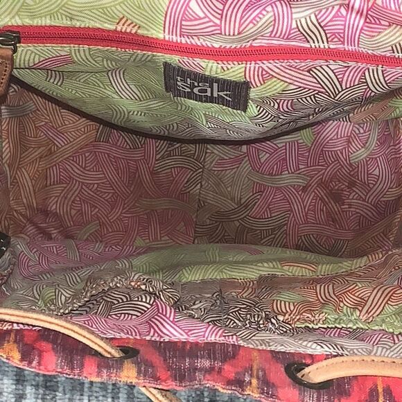 The Sak‎ Ventura Brown Canvas Leather Backpack Drawstring Tribal Aztec Womens - Picture 4 of 12